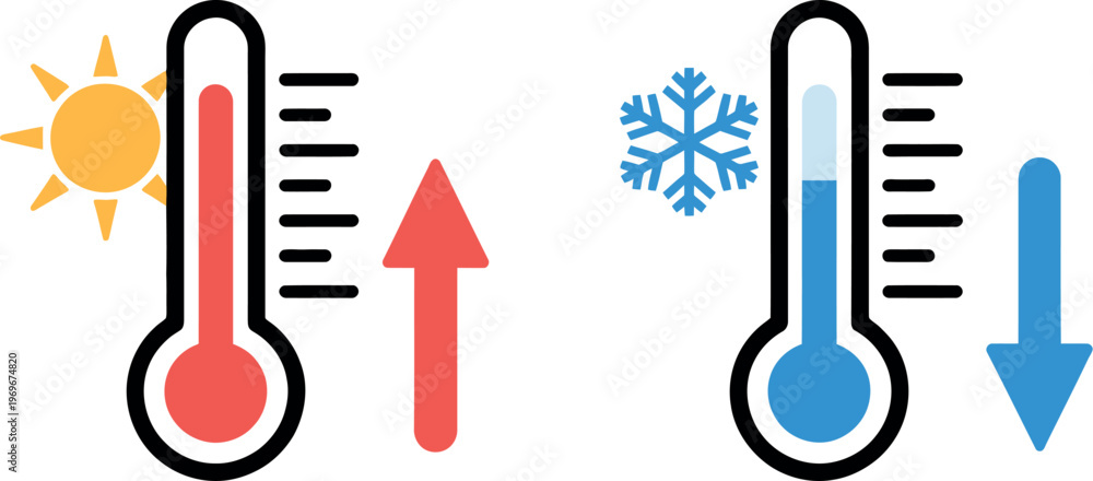 Obraz premium Thermometer temperature up and down icon, weather and climate vector symbol, heating and cooling indicator for UI design and digital applications