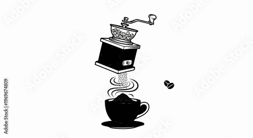 Vintage coffee grinder grinds beans into a steaming cup of coffee