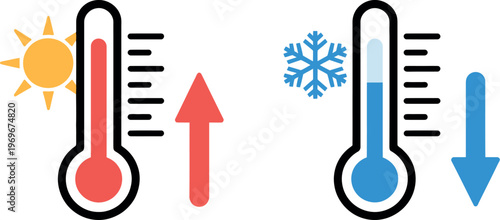 Thermometer temperature up and down icon, weather and climate vector symbol, heating and cooling indicator for UI design and digital applications