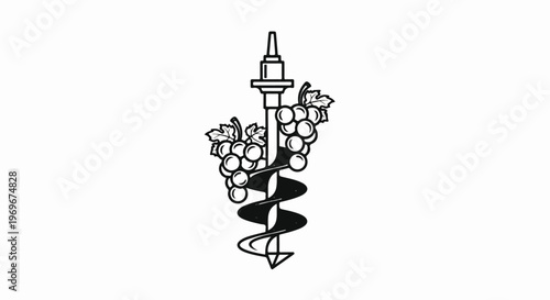 Vintage illustration of a corkscrew intertwined with grapes and leaves