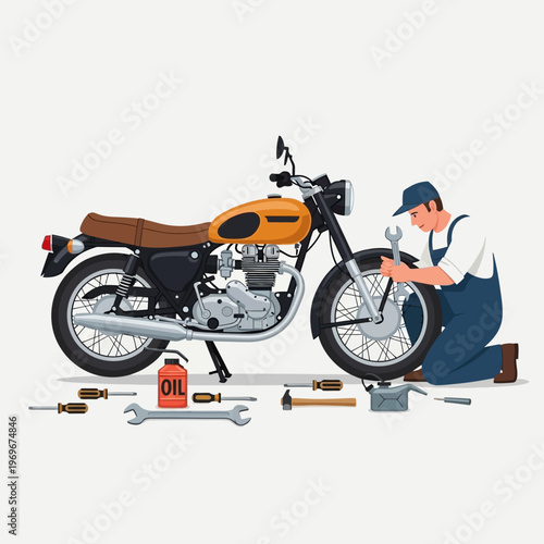 Mechanic repairing a vintage motorcycle with tools and oil can on white background