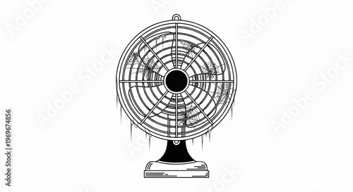 Vintage fan with cobwebs and icicle-like drips on white background
