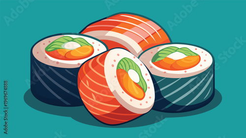 Sushi rolls with salmon and avocado on a blue background during a food presentation