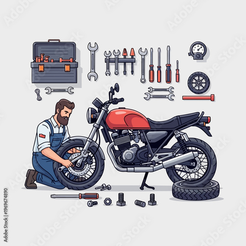Mechanic repairing a vintage motorcycle with tools and spare parts