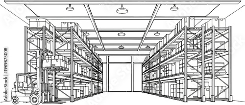 Warehouse interior with tall shelves filled with boxes and a forklift