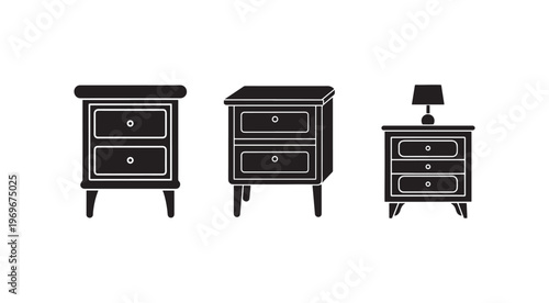 Three black and white nightstand icons with drawers and different designs  furniture for bedroom decoration