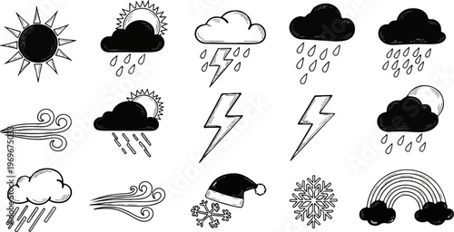Weather icons for sun, rain, wind, snow, lightning, and rainbow