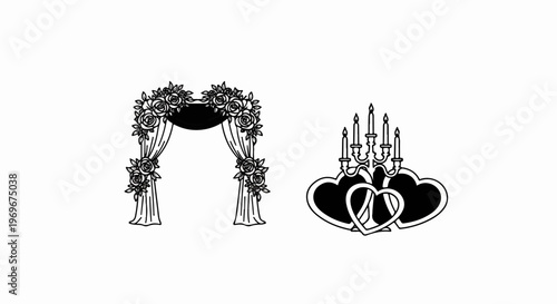 Wedding arch with roses and candle holders with hearts