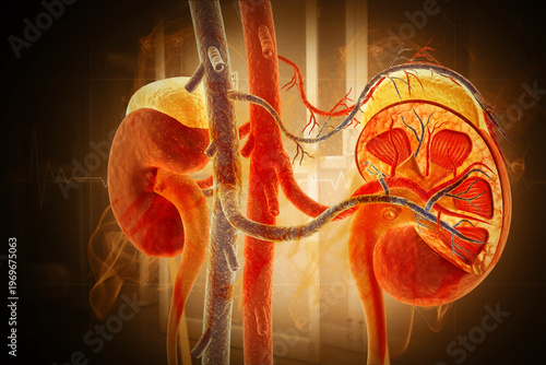 Human kidney medical diagram with a cross section, inner organ with arteries and adrenal gland, 3d illustration