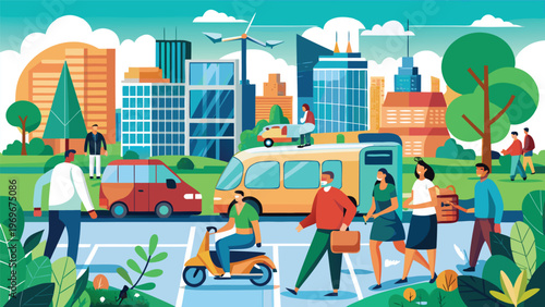 City scene shows people, cars, buses, and buildings during a busy day in an urban area with green space and wind turbines