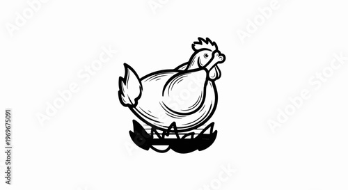 Whimsical black and white drawing of a plump chicken on a nest of straw