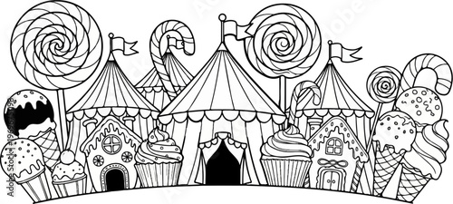 Whimsical candy land with circus tents and sweet treats