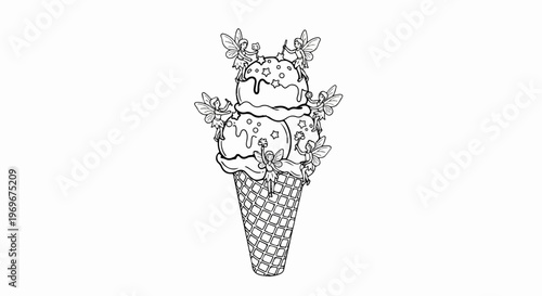 Whimsical ice cream cone adorned with playful fairies and decorative sprinkles