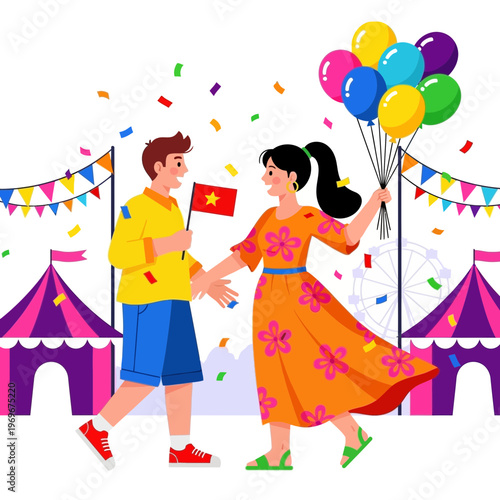 Couple celebrating at a fair with balloons and confetti
