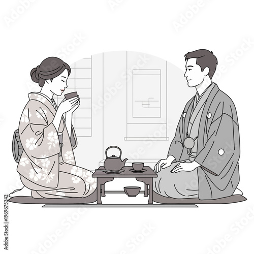 Couple enjoying traditional tea ceremony in kimonos