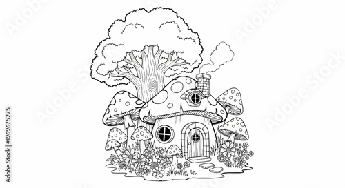 Whimsical mushroom home nestled among flowers and a large tree