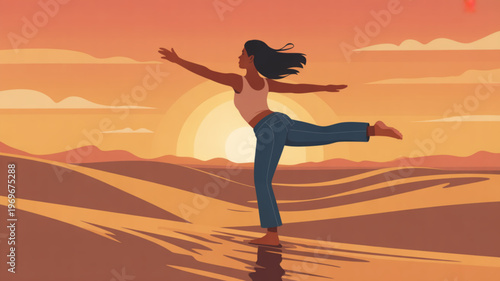 Woman practicing yoga on desert sand at sunset with arms outstretched and one leg raised in a serene landscape