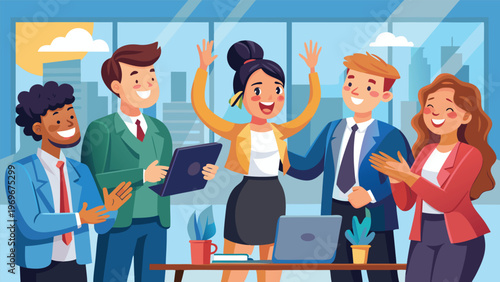 Team celebrates success in an office with smiles and excitement during a sunny afternoon meeting in a city