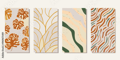 Abstract botanical patterns in warm earthy tones arranged in a grid