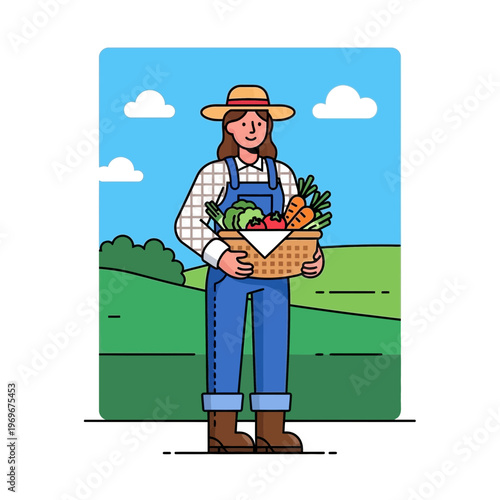 Farmer Woman Holding Basket of Fresh Vegetables and Fruits