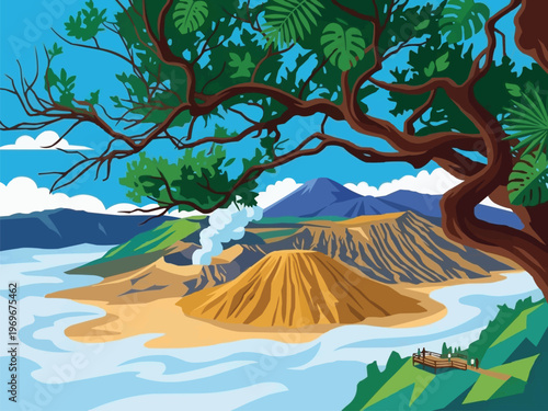 Mount Bromo Volcano Landscape Illustration Indonesia