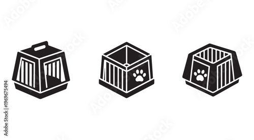 Three black and white pet carrier icons with different designs and features for transporting animals  pet carriers with and without handles and paw prints