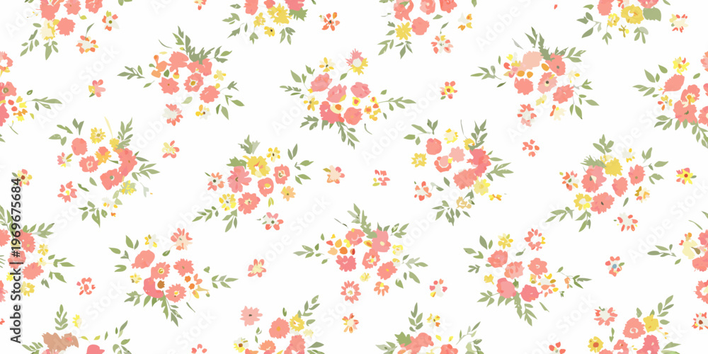 Fototapeta premium Delicate floral pattern with small pink and yellow blossoms on white
