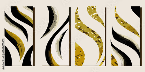 Abstract vertical panels with black gold and white swirling designs