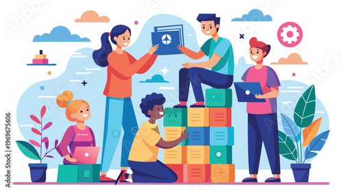 Group of people working together in a colorful office setting with boxes and plants during a team project