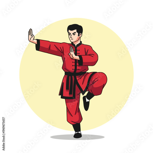 Martial Arts Practitioner in Red Uniform Performing Kung Fu Pose