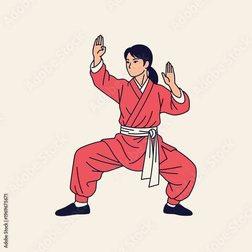 Martial Arts Woman in Red Uniform Performing Stance