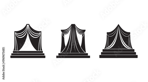 Three black and white stage curtains with different designs on a white background  curtain designs  theater curtains  stage curtains