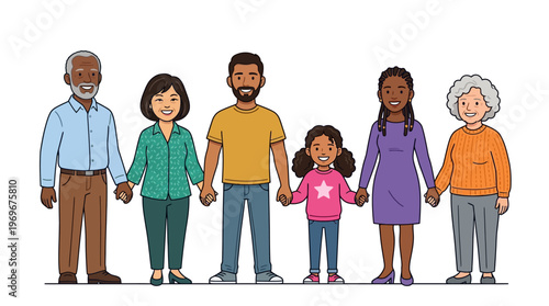 Diverse family members holding hands together.