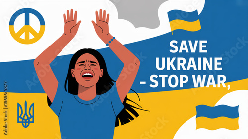 Woman with hands raised in protest against war save ukraine stop war message with peace sign and ukrainian flags