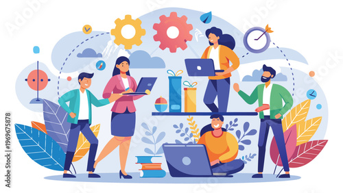 Group of people working together on laptops in a creative workspace during a day at the office