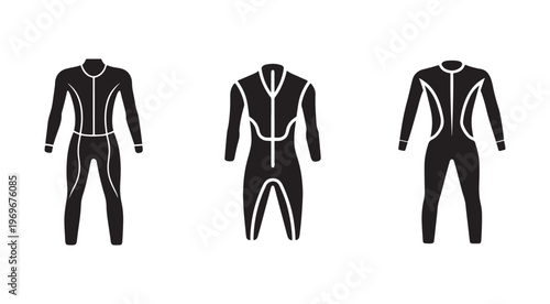 Three black and white wetsuits for surfing swimming and diving  various styles