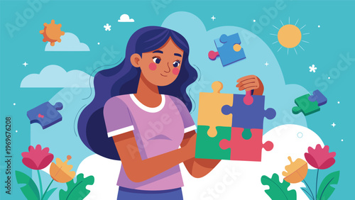 Young girl holds a colorful puzzle piece in a bright scene with clouds and flowers during a sunny day