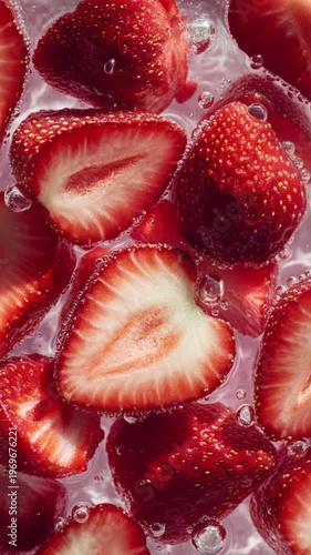Bright red strawberries, whole and sliced, are fully submerged in clear, fizzy liquid. Numerous small bubbles cling to the fruit, creating a refreshing beverage for a warm day.