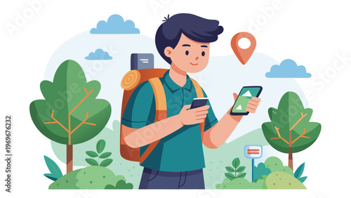 Young man uses mobile phone for navigation while enjoying nature with a backpack in a park during daytime
