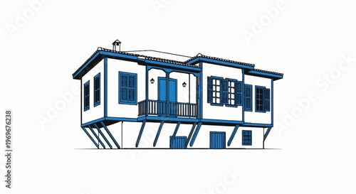 White and blue wooden house with open shutters and balcony on stilts
