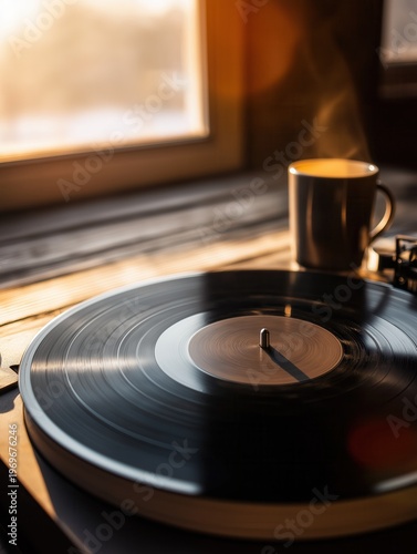 Vintage vinyl record playing with steaming mug of coffee on wooden surface at sunrise