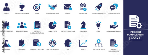 Project management icon set for featuring project budget, performance, planning, staff, strategy, goal and project team. Vector icons collection