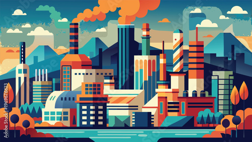 City landscape shows industrial buildings and factories near a body of water with mountains and clouds in the background during daytime