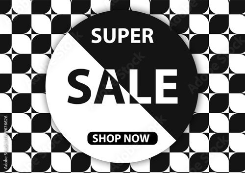 Super Sale Banner with Black and White Geometric Pattern Background