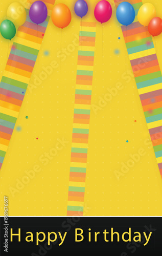 Yellow Happy Birthday Greeting Card Background With Colorful Balloons
