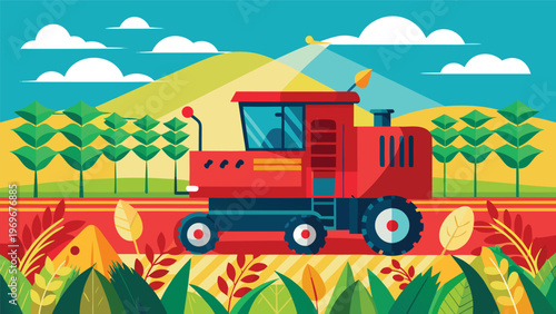 Farm tractor works in field with green trees and hills in background under a blue sky with clouds