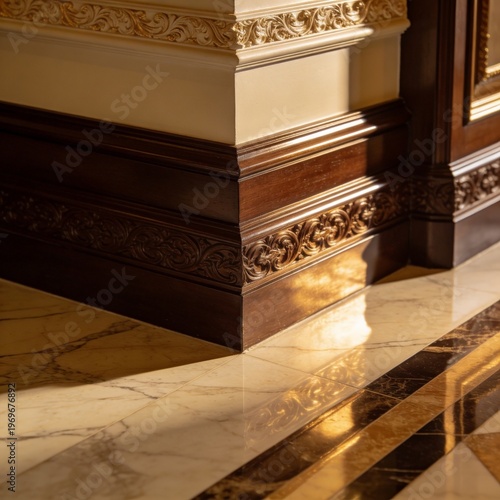 A luxurious interior corner featuring ornate wooden baseboards and marble flooring illuminated by warm sunlight.