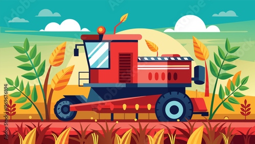 Red combine harvester working in a field during harvest season at sunset with colorful plants around