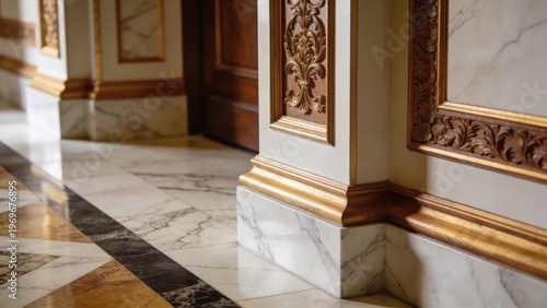 A luxurious interior featuring ornate wood carvings, marble flooring, and gold trim in a grand hallway.