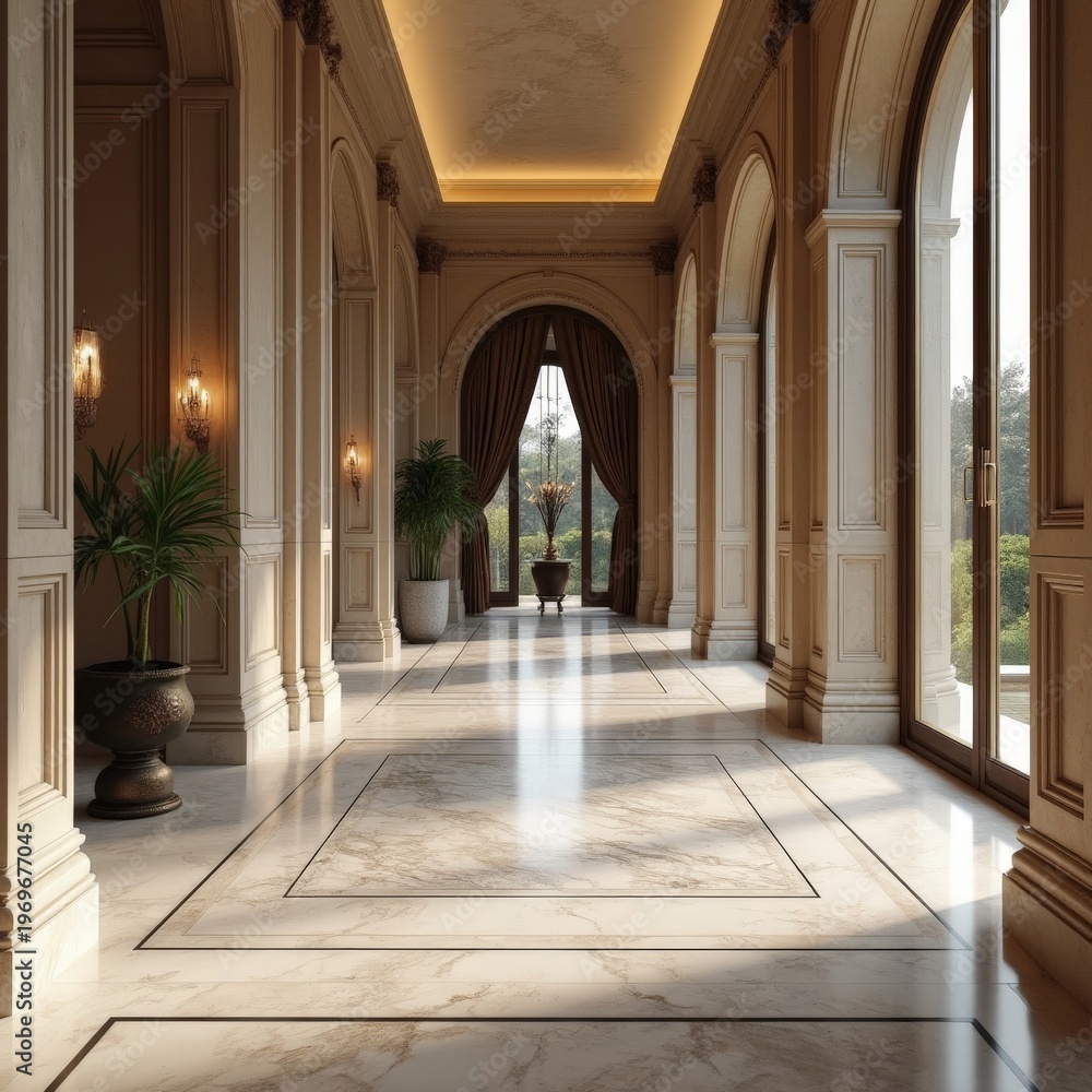 Obraz premium A luxurious hallway with marble floors, arched columns, and elegant lighting, showcasing opulent interior design.